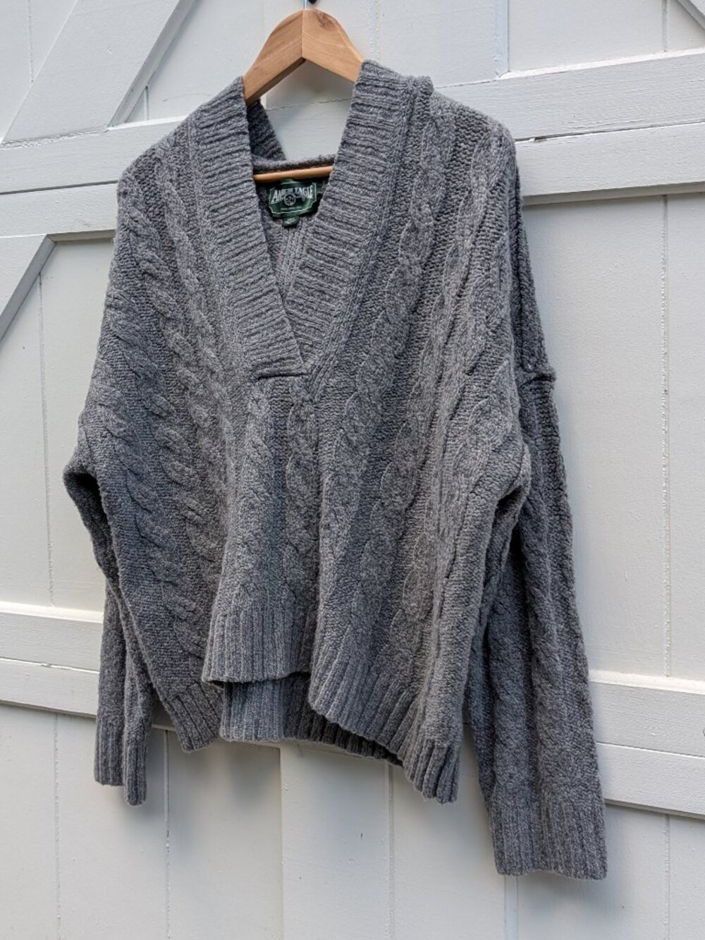 American Eagle Grey Chunky Cable Knit Hooded V-Neck Sweater